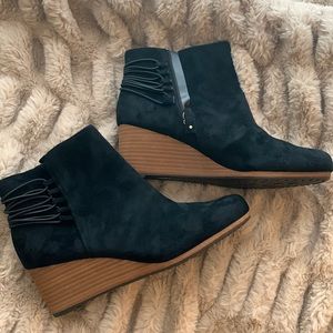 Black suede wedge booties. Size 9.5